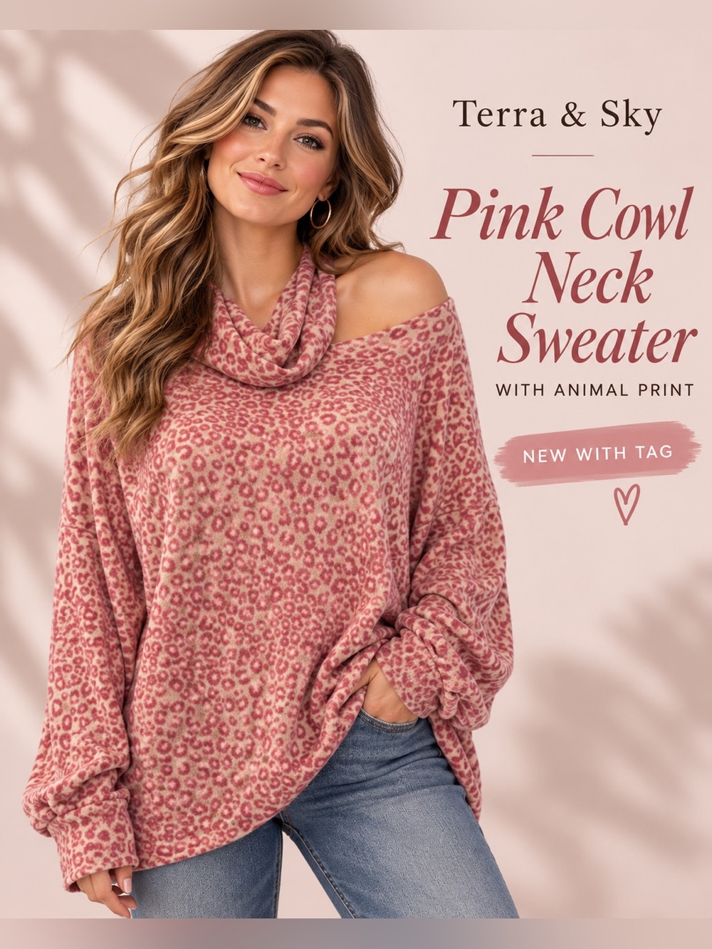 Terra & Sky Pink Cowl Neck Sweater with Animal Print
